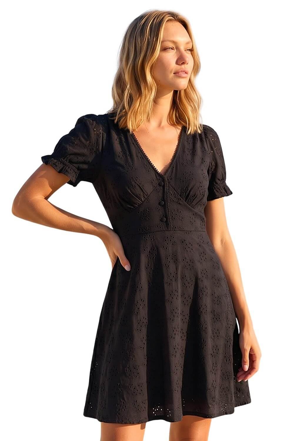 Roman Originals Women's Black Embroidered Cotton Stretch Jersey Frill Dress For Uk - Everyday Holiday Spring Summer V-Neckline Comfy Soft Evening Vacation Work Party - Size 20