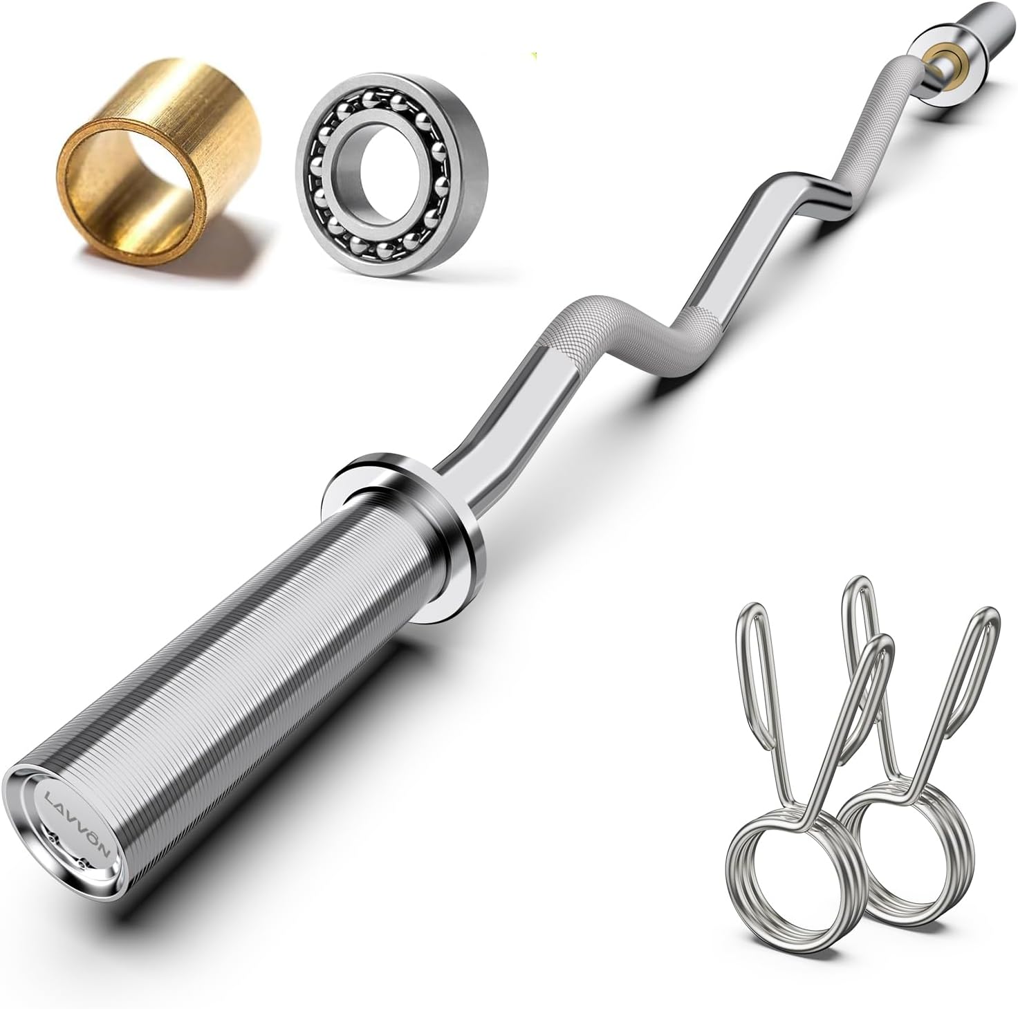 Olympic EZ Curl Barbell Bar 47",Mute Bearings - 2" Curl Bar for Weight Lifting, Hip Thrusts,Biceps,Squat-Home Gym Weight Bar-Chrome Curling Strength Training, 2Pcs Collars(800lbs Weight Capacity)