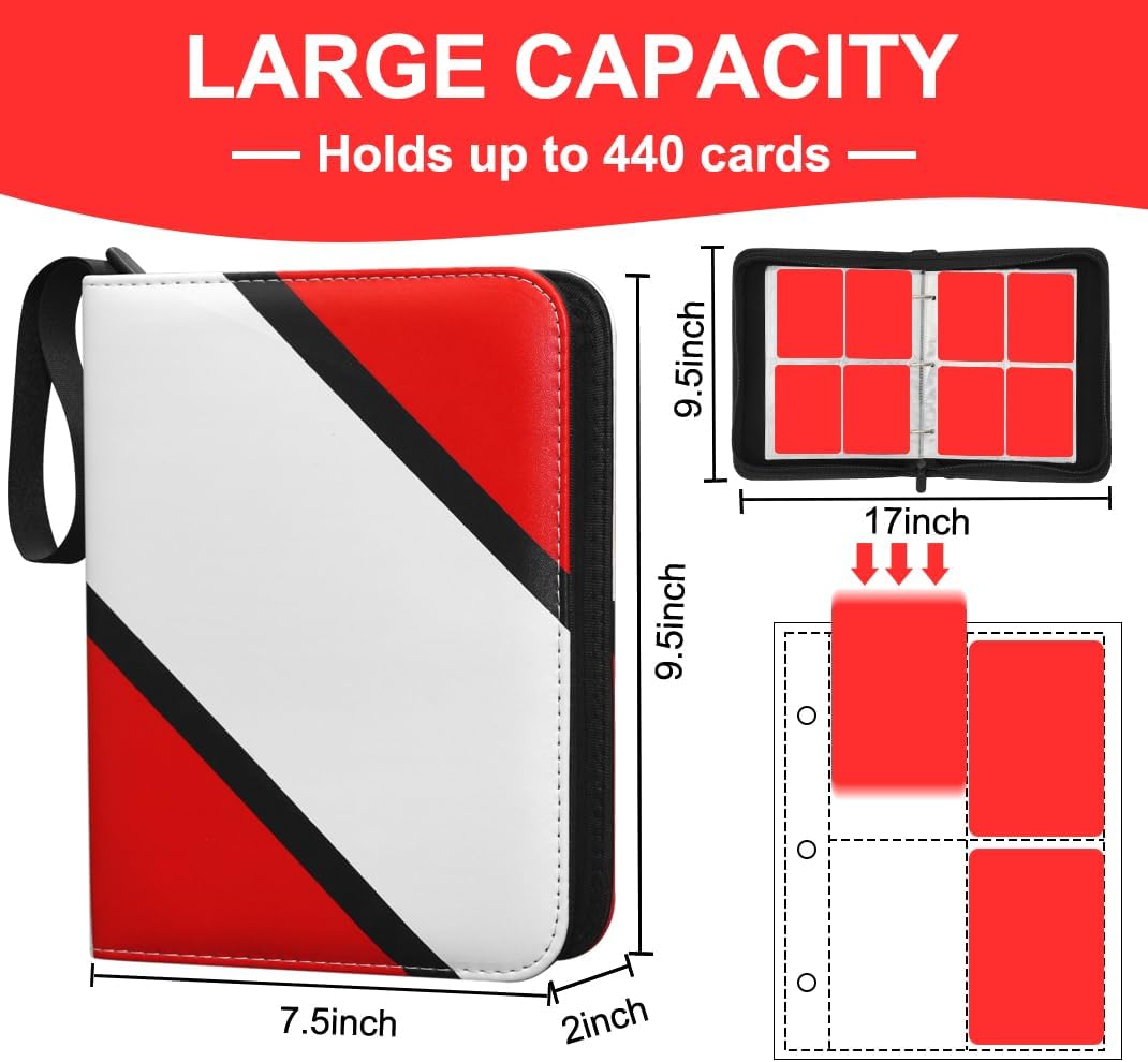 4 Pocket Trading Card Binder - Holds 440 Cards with 55 Removable Sleeve, Standard Size Sports Binder, Durable 4-Pocket Card Holder with Wrist Strap, Portable Card Collector Ablum Holder Book