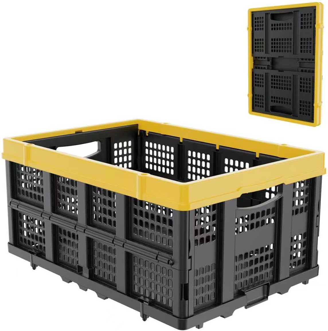 TOLRET 49L Collapsible Crate, Milk Crate for Storage, Foldable Storage Crate, Stackable Crate for Organizing for Home, Shopping, Camping, School, Office, Warehouse, Yellow