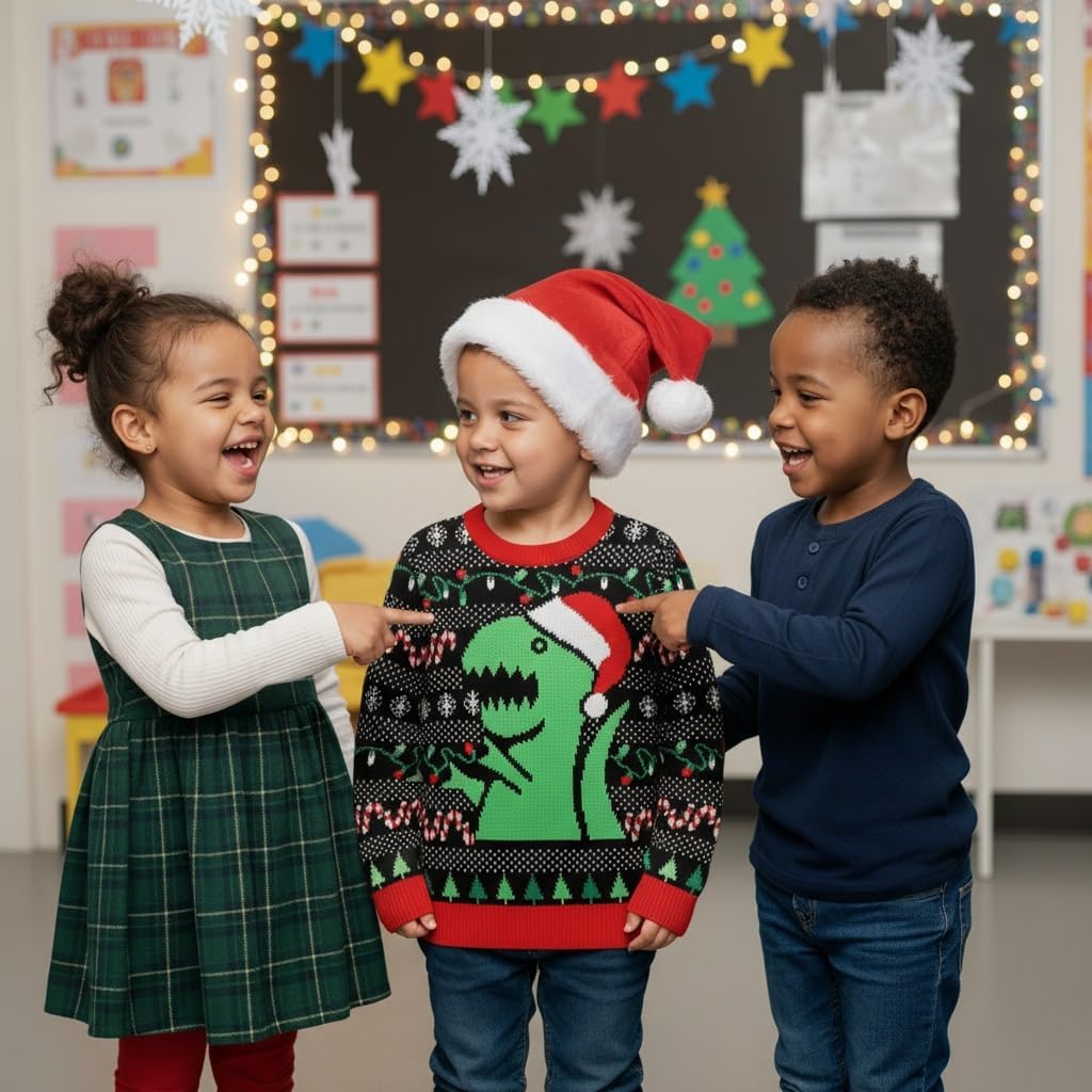 Tstars Kids Ugly Christmas Sweater - Dino, Gamer, Merry Swishmas - Funny Holiday Top for Boys & Girls, Ugly Xmas Party Gift