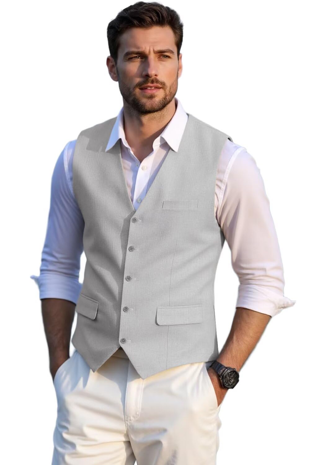 Solovedress Herren Elegant Anzugweste Herrenwesten Sommer Leinen Weste für Hochzeit und Party