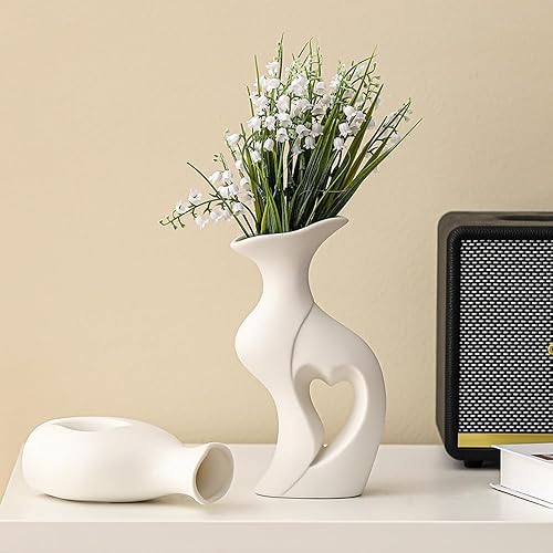 Miniatura 4 de Juego de 2 jarrones de cerámica blanca para hierba de las pampas, centro de mesa estético de amor, jarrones decorativos de corazón, modernos y