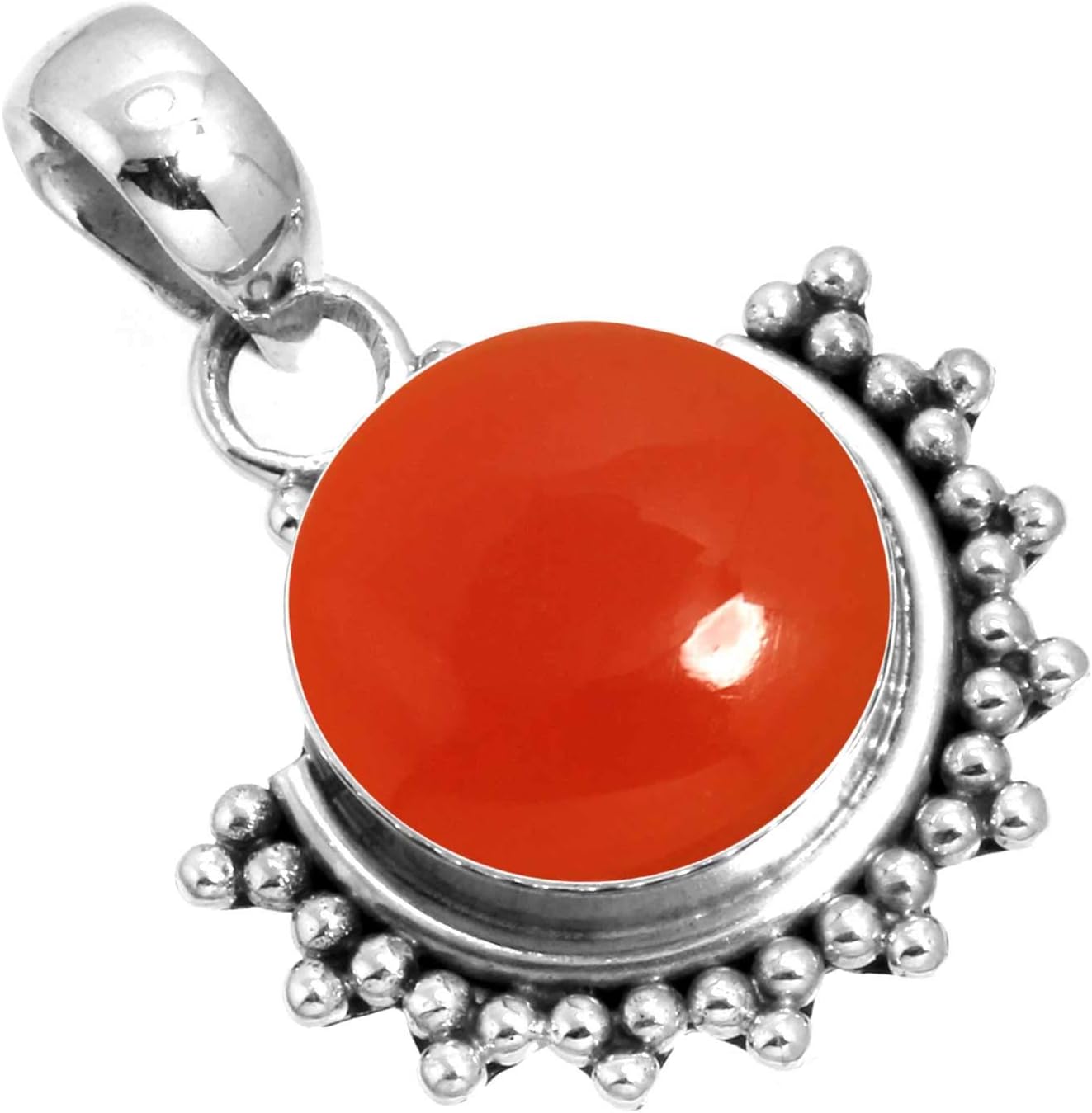 Handmade Genuine 925 Sterling Silver Pendant Necklace Chunky Natural Gemstone Agate, Turquoise, Amber, Pearl Round Boho Jewelry For Women