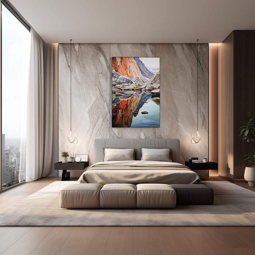 Canvas for Living room. Reflective Serenity in Hues of Fire and Water: A Mountain's Quiet Majesty, 27 x 18 inch Canvas Wall Art - Contemporary Masterpieces - Modern Home Decor
