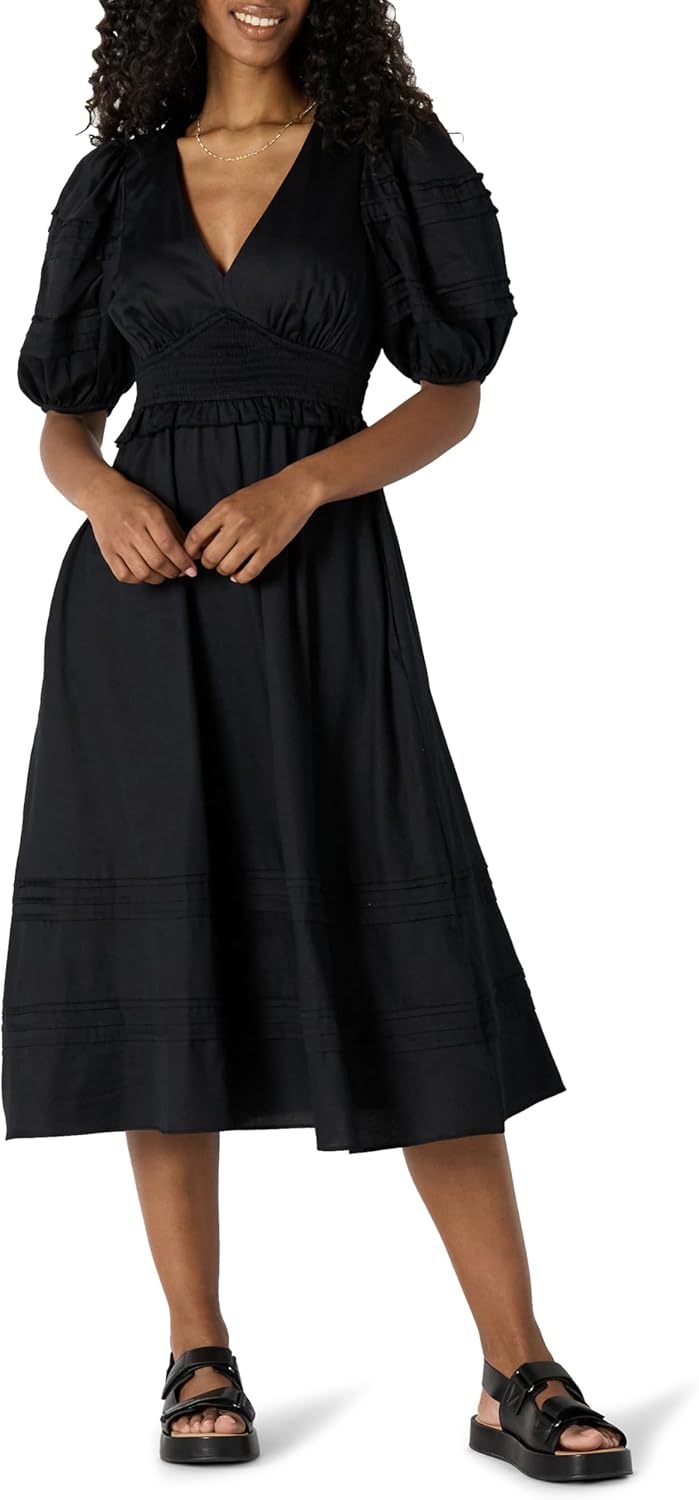 Amazon Essentials Women's Regular-Fit Cotton Sateen Puff Sleeve Midi Dress