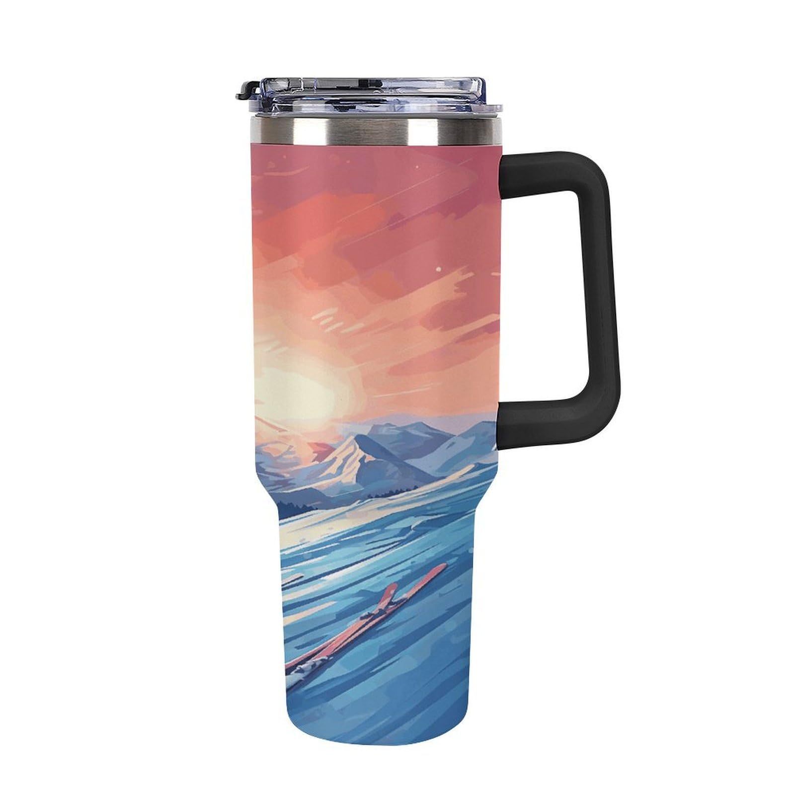 Isolierter Kaffeebecher, Ski-Board, bedruckter Strohhalmbecher mit Griff, Reisebecher, geeignet für Arbeit, Reisen, Zuhause und Auto