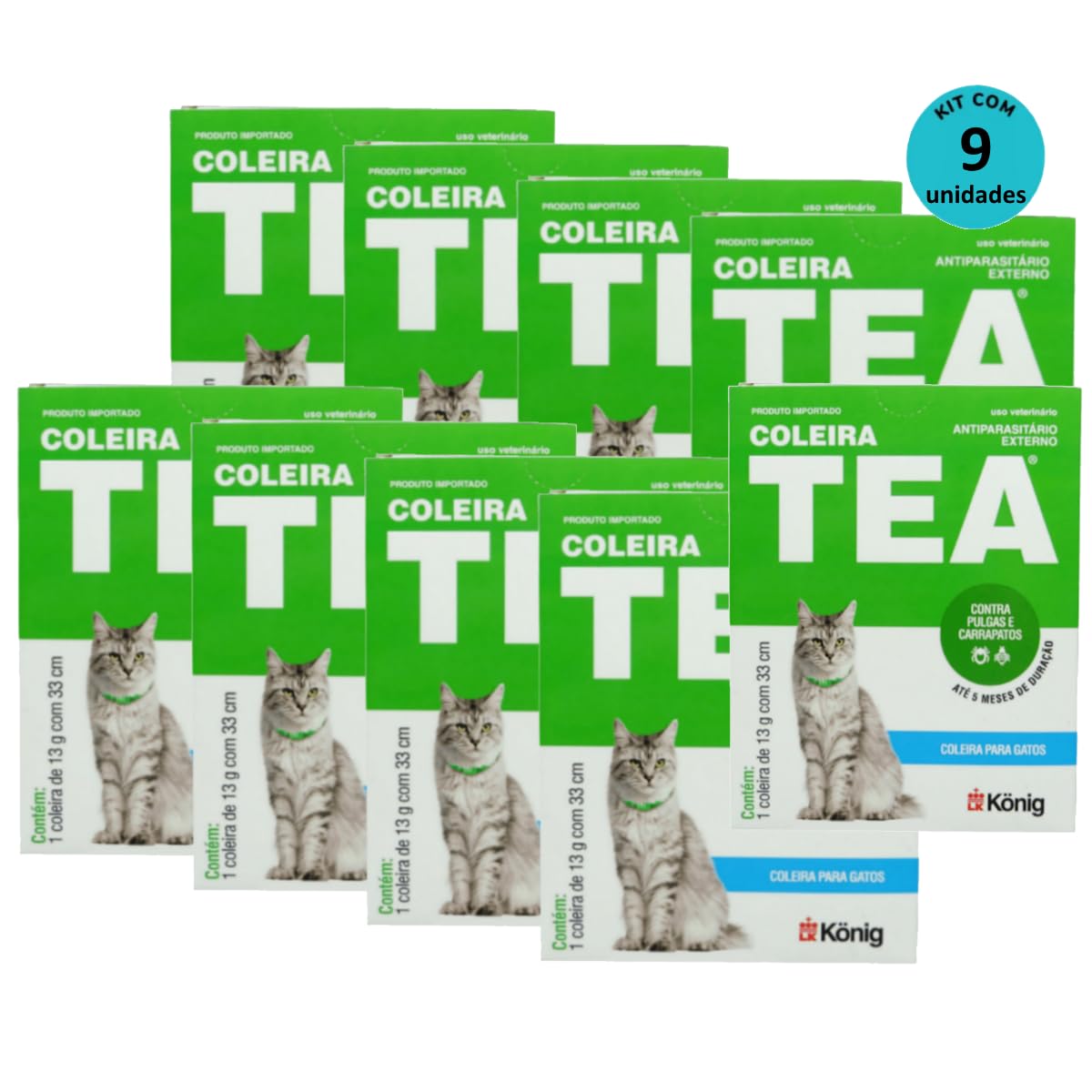 Coleira Tea Contra Pulgas E Carrapatos P/Gatos König 13g C/ 33cm Kit C/ 9 Unid.