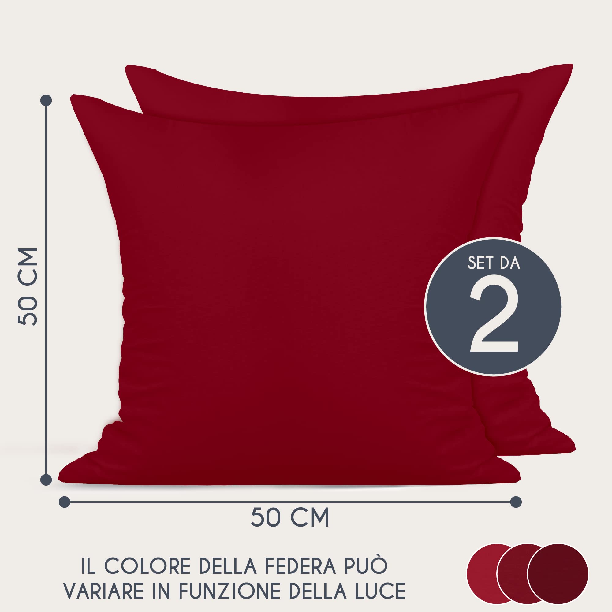 Dreamzie Federe 50x50 Cotone Rinforzato (Set da 2) - Borgogna - Trama Fitta a 57 Fili/cm² - Federe Cuscini 50x50 cm - Federe Cuscino 50x50 Certificate Oeko Tex