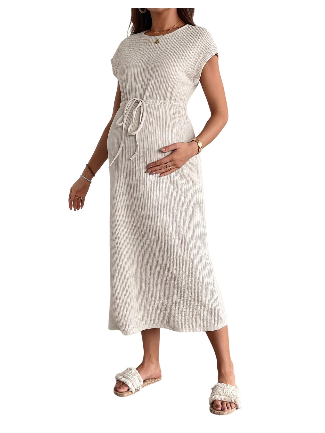 Photo 1 of OYOANGLE Women's Maternity Summer Casal Short Sleeve Midi Dress Drawstring Waist Textured Pregnancy T Shirt Dress Apricot M