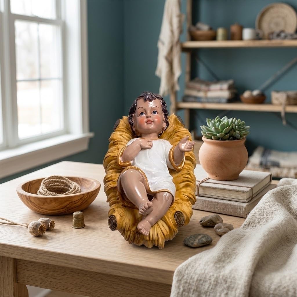 Gesù Bambino Con Culla VESTITO Grande cm 31x20x16 in Poliresina per Presepe