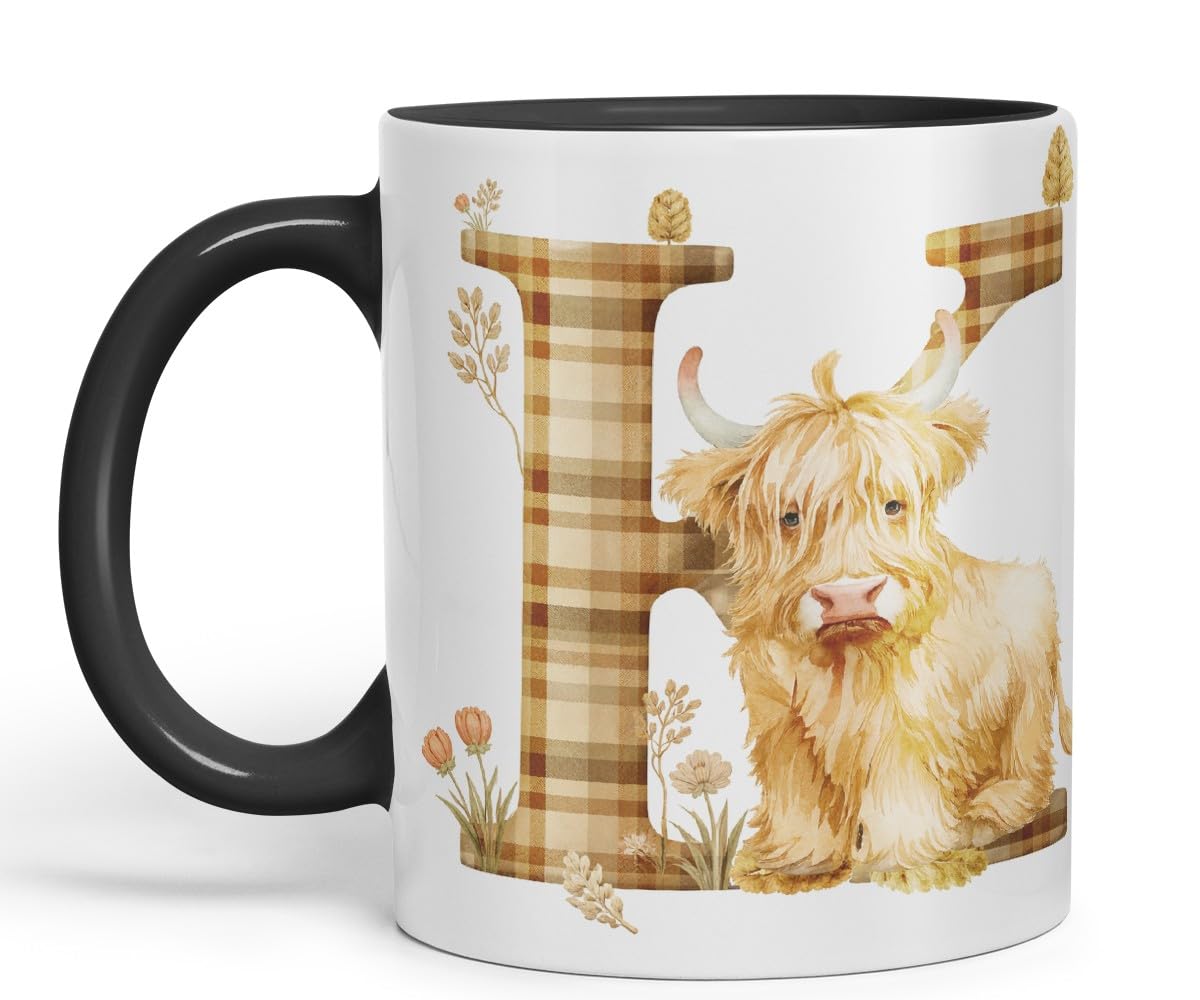 Vixar Highland Cow Alphabet Monogram Coloured Ceramic Cup Mug – Letter K – Rustic Farmhouse Animal Letter Gift – 11oz (Black)