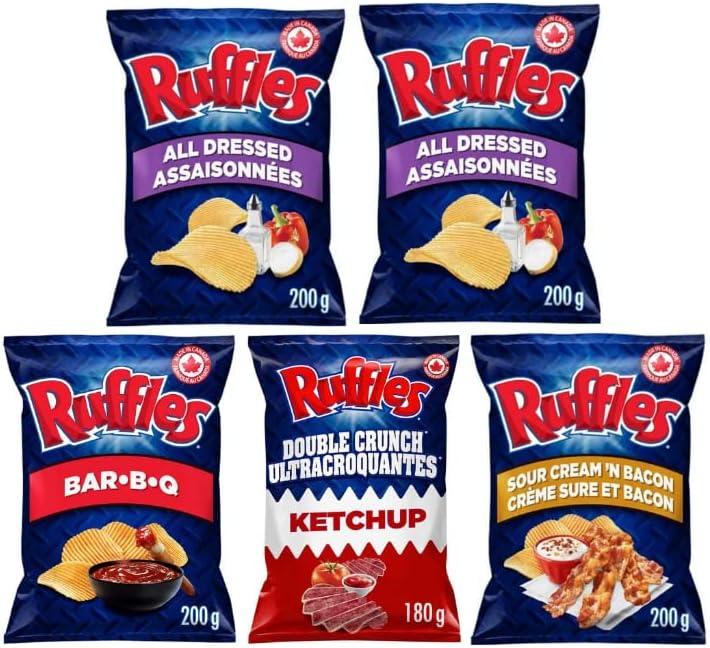 Over 2lbs of Canadian Ruffles chips (2x All Dressed, 1x BBq, 1x Ketchup, 1x Bacon) | ruffles all dressed potato chips| all dressed ruffles chips| all dressed chips| Canadian Snacks| by Snowbird Sweets