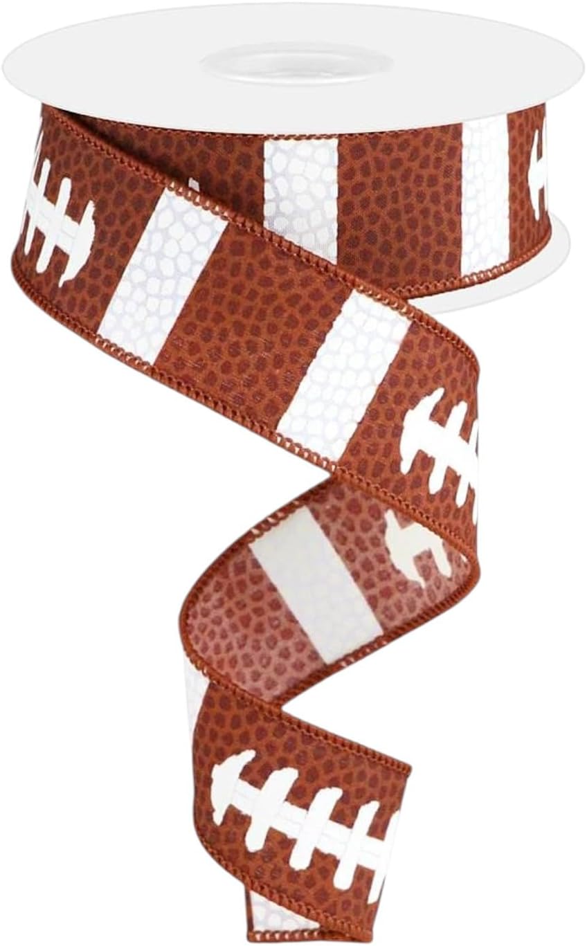 Football Laces Ribbon 1.5" x 10 Yards Wired Edge Brown Pongee Fabric for Sports Wreaths, Game Day Decor, Wreath Making, Tailgate Party Supplies, Craig Bachman Imports image 2