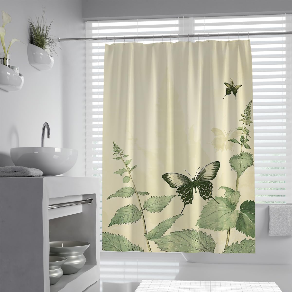 UIRINGART Cream Green Shower Curtain W200xL220cm Vintage Botanical Butterfly Print Waterproof Polyester Mildew Resistant Quick Dry Bathroom Decor with Hooks
