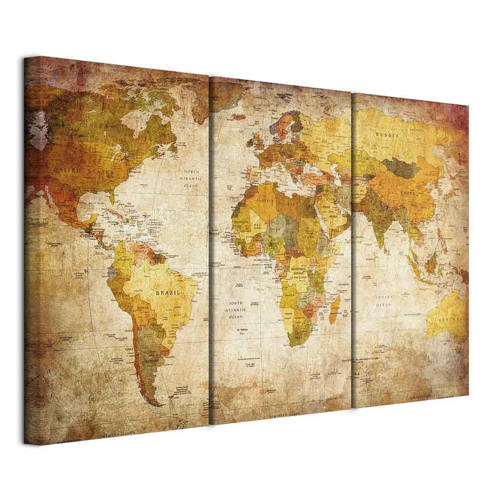 B&D XL - Quadro Acustico Mappamondo 135x90 cm 3 Pezzi schiuma acustica Quadri Moderni - Stampa su Tela - Protezione dai Rumori Fonoassorbente Mappa del Mondo Marrone Vintage Beige 020213-2