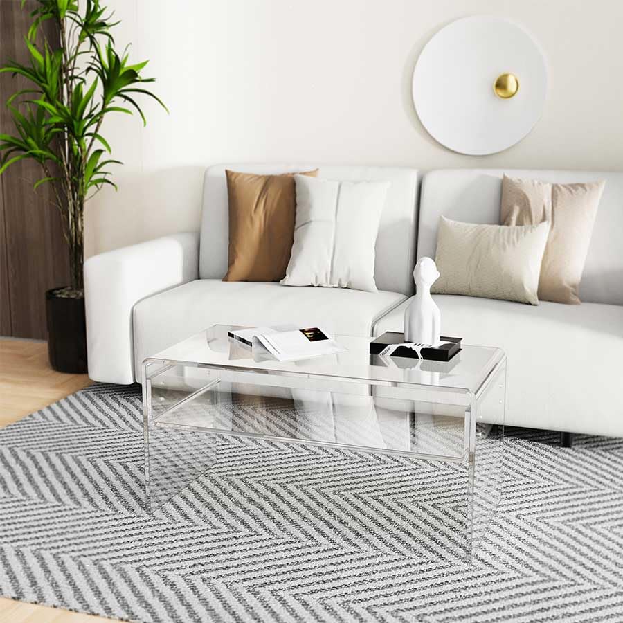 Image of MESAILUP 32inch Premium Clear Acrylic Rectangle Coffee Table with Storage Shelf for Living Room,Mid Century Transparent Waterfall Low Tea Table, Middle Size Table (32 inchx16 inchx16 inch) Fit for 2 Seat Sofa