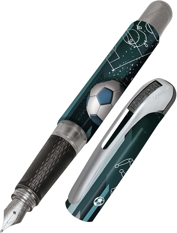 Online Füller College Fußball, Tinten-Füller für Rechtshänder, ergonomisches Griffstück, hochwertige Iridium-Feder medium, Standard-Tintenpatronen, inkl. Kombipatrone blau, Allergiker geeignet
