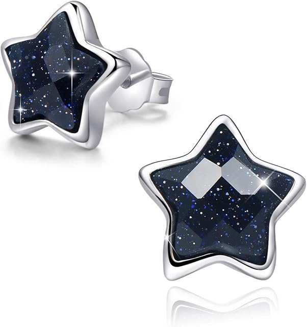 SIMPLGIRL S925 Sterling Silver Black Star Stud Earrings Necklace Set, 14K Platinum Plated Glitter Purple Sands Frosted Mystic Pentagram Star Earrings Necklace Valentine's Day Gifts for Women Girls