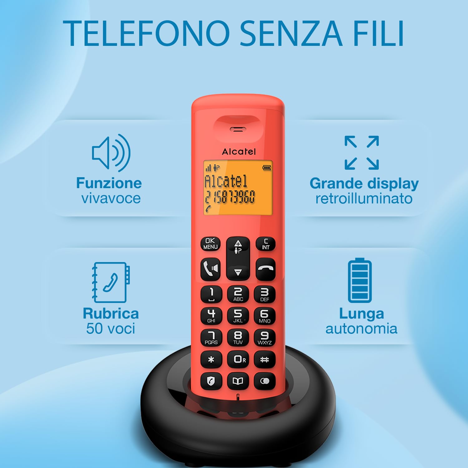 ALCATEL E260 - Telefono fisso cordless DECT - Design compatto - Grande display retroilluminato - Vivavoce - Funzione blocco chiamate indesiderate - Rosso