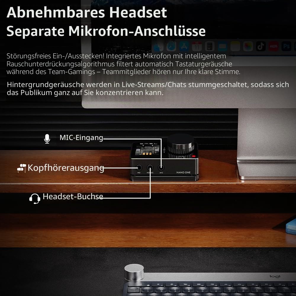 SMSL Nano One, externes Gaming-Soundkarten-Mikrofon/USB-Eingang, 3,5-mm-Kopfhörer-Ausgang, vier Modi: Musik/Spiel/7.1 Virtuell/Sprachverbesserung, verbindet sich mit Handys/Tablets/Computern (Schwarz)