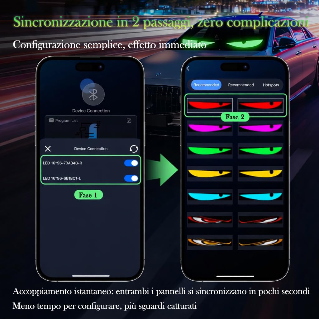 LED Auto Occhi “Devil Eyes” – Display LED Programmabile USB per Parabrezza/Lunotto, Impermeabile, Ultrasottile e Flessibile, Pannello Matrix Dinamico Softscreen DIY, 2 Pezzi, 9,2 × 37,4 cm