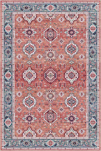 Dripex Vintage Washable Area Rug - 4x6 Distressed Rugs for Living Room Bedroom Oriental Medallion Floral Print Carpet Low-Pile Indoor Soft Non-Slip Accent Rug Farmhouse Office Home Decor