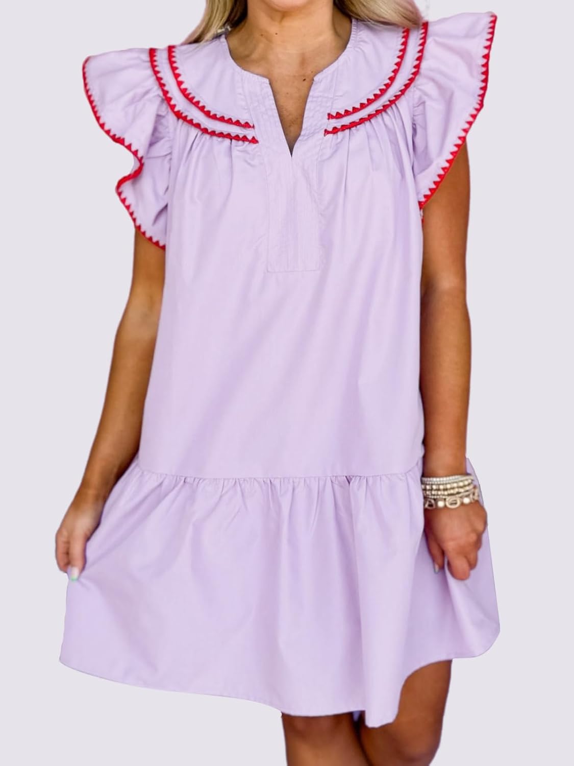 HOULENGS Women's Summer Ruffle Cap Sleeve Babydoll Mini Dress Casual V-Neck Flowy A-Line Short Dress Sundress with Pockets - Image 7