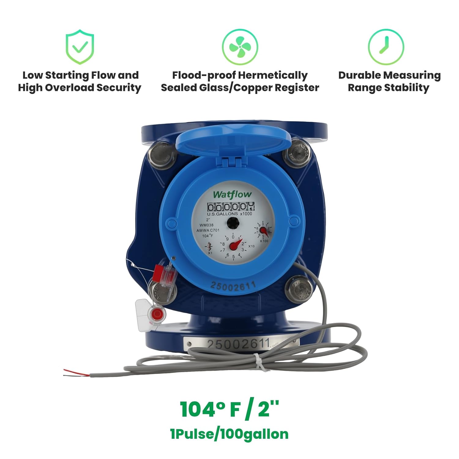 Watflow 2" WoltmannHelix Water Meter,Detachable Water Meter,Pulse Output, Epoxy-Coated Cast Iron,Resistant Seals（GAL,Non-Potable Use）