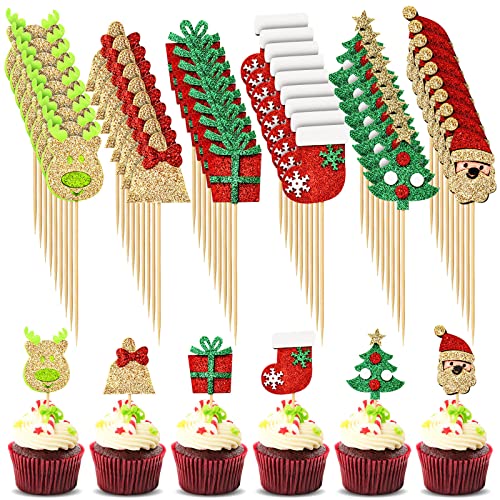 36 Pieces Christmas Cupcake Toppers Picks Glitter Xmas Cake Decorations Christmas Tree Bell Santa Claus Stocking Reindeer Toothpicks for Christmas Birthday Party Favors Supplies