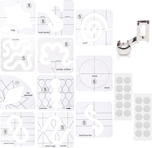 14 PCs Free Motion Quilting Template Set Includes 11 Quilting Templates 3mm, High Shank Ruler Foot, Non-Slip Grips, Free Motion Quilting Rulers and Templates for DIY Quilting on Sewing Machine
