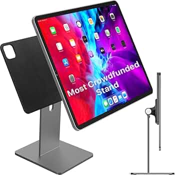 CharJenPro Patented MagFlott Premium Magnetic Stand for iPad Pro 12.9” Space Gray. As seen on Kickstarter. Curved Braided 6’ USB C Cable Included, Strong Magnets, Thick Metal, 360 Rotation, 180 tilt