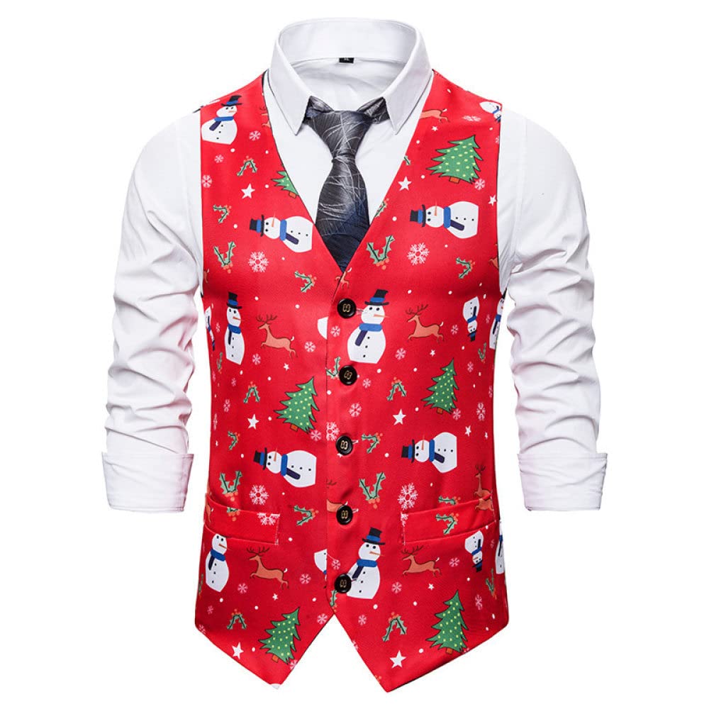 Waistcoats For Men,Elegant Men'S Suit Vest Classic Christmas Suit Waistcoat  Creative Snowman Print ​Red Suit Waistcoat With Pocket Wedding Vest Tuxedo