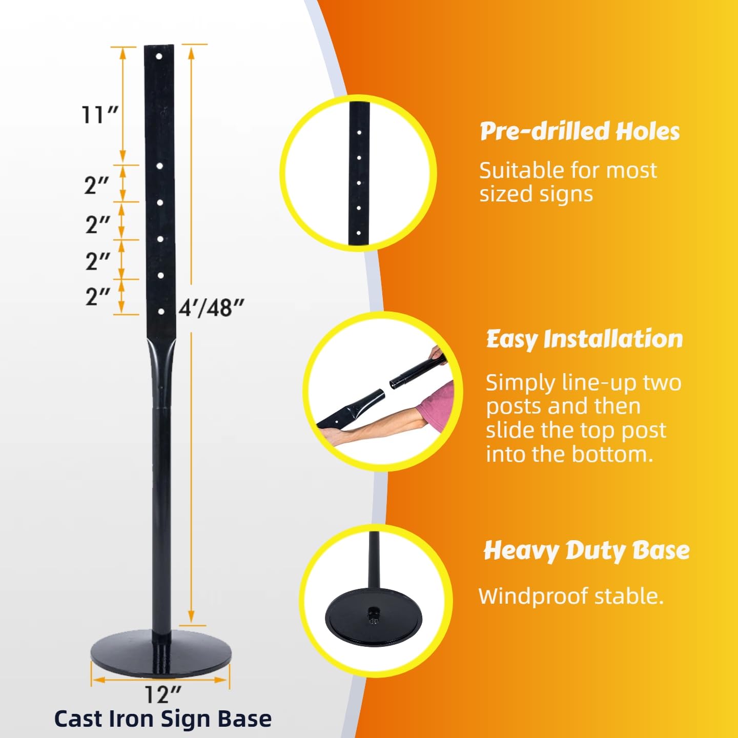 Kit de poste y base de hierro fundido resistente, soporte de 12 pulgadas de diámetro con poste de 48 pulgadas, pernos y tuercas para colgar carteles, soporte portátil para estacionamiento y
