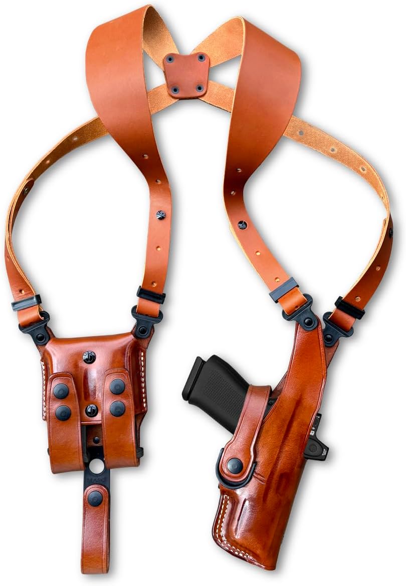 Masc Optic Ready/Red Dot Compatible Premium Leather Vertical Shoulder Holster System with Double Magazine Carrier – Fits 1911 Ultra II 45 ACP with Crimson Trace Grips 3" Barrel, RH Brown #1469#
