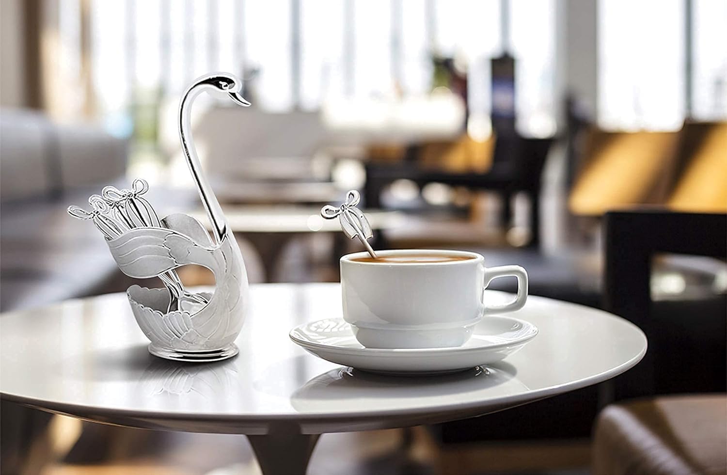 Acheter Service De Vaisselle En Acier Inoxydable, Support De Base En Forme De Cygne Avec 6 Cuillères Pour Café, Fruits, Dessert, Cuillère à Mélanger