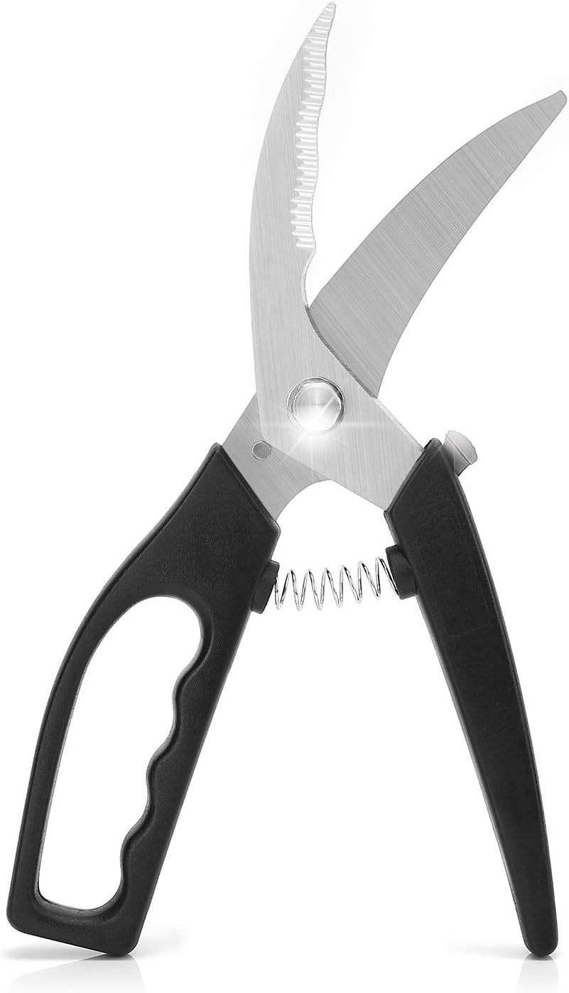 POPRUN Poultry Shears Spring Loaded Heavy Duty Kitchen Scissors for Cutting Poultry/Chicken Bones/Fish/Meat/Vegetables/Herbs/BBQ,Ultra Sharp Stainless Steel Blades-Black