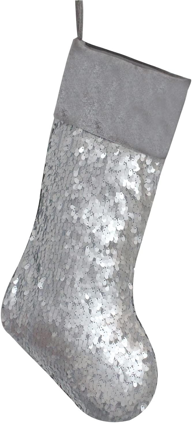 5pcs Silver Sequin Christmas Socks Gift Bag - Silver Velvet Stocking Decorations for Festive Trees