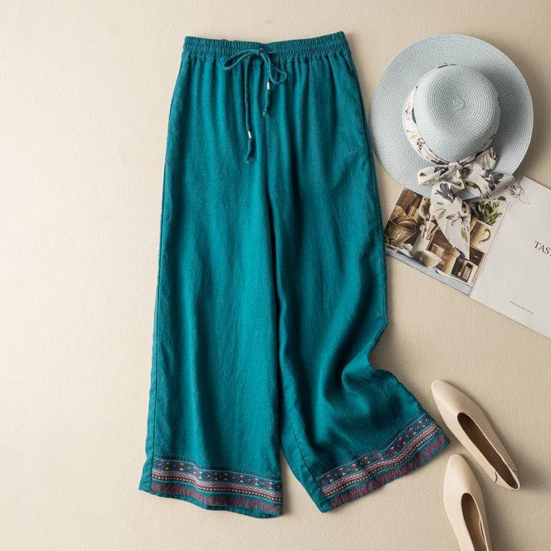 TIAFORD Women’s Cotton Linen Ethnic Embroidered Hem Wide Leg Pants Drawstring High Waist Casual Loose Trousers with Pockets3