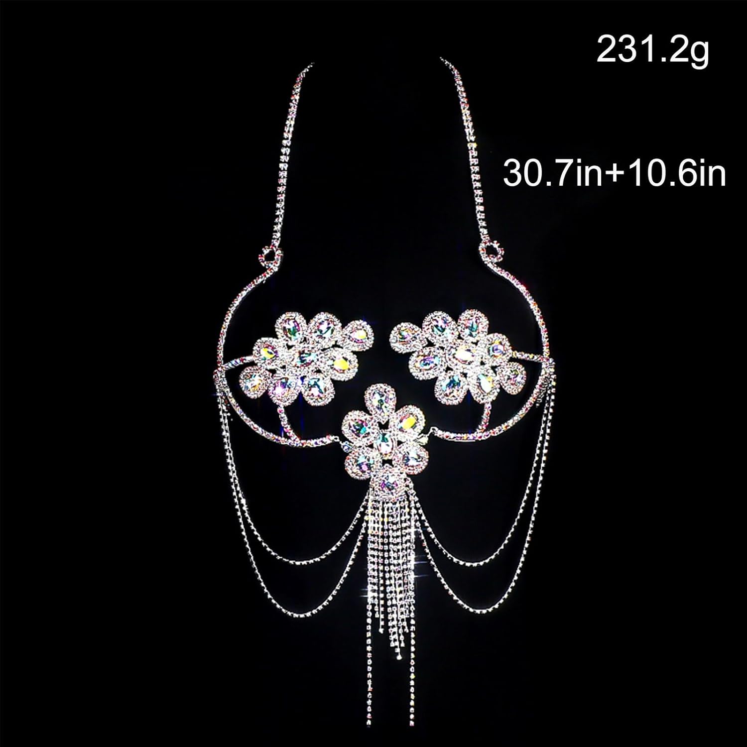 Rhinestone Chest Chain Bra Body Jewelry For Women Ab Crystal Flower Prom Accessories Sparkly Tassel Bra Body Chain Adjustable Halter For Rave Nightclub - Image 3