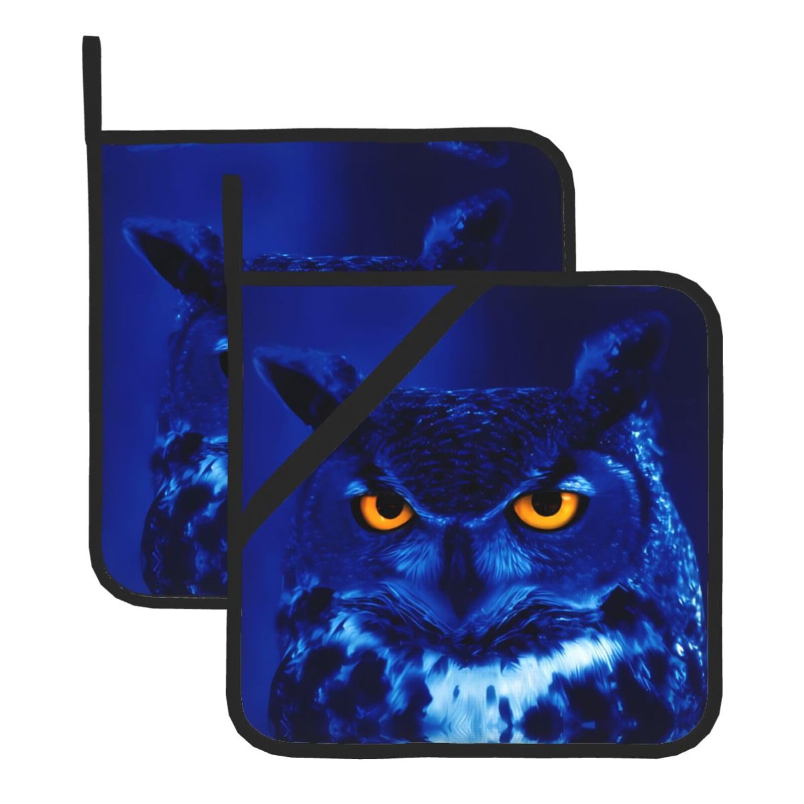 YYHWHJDE Blue Owl Prints Square Hot Pads for Kitchen Counter - Waterproof Pot Holders with Hanging Loop, Durable Trivets for Microwave Oven - 2 Pack