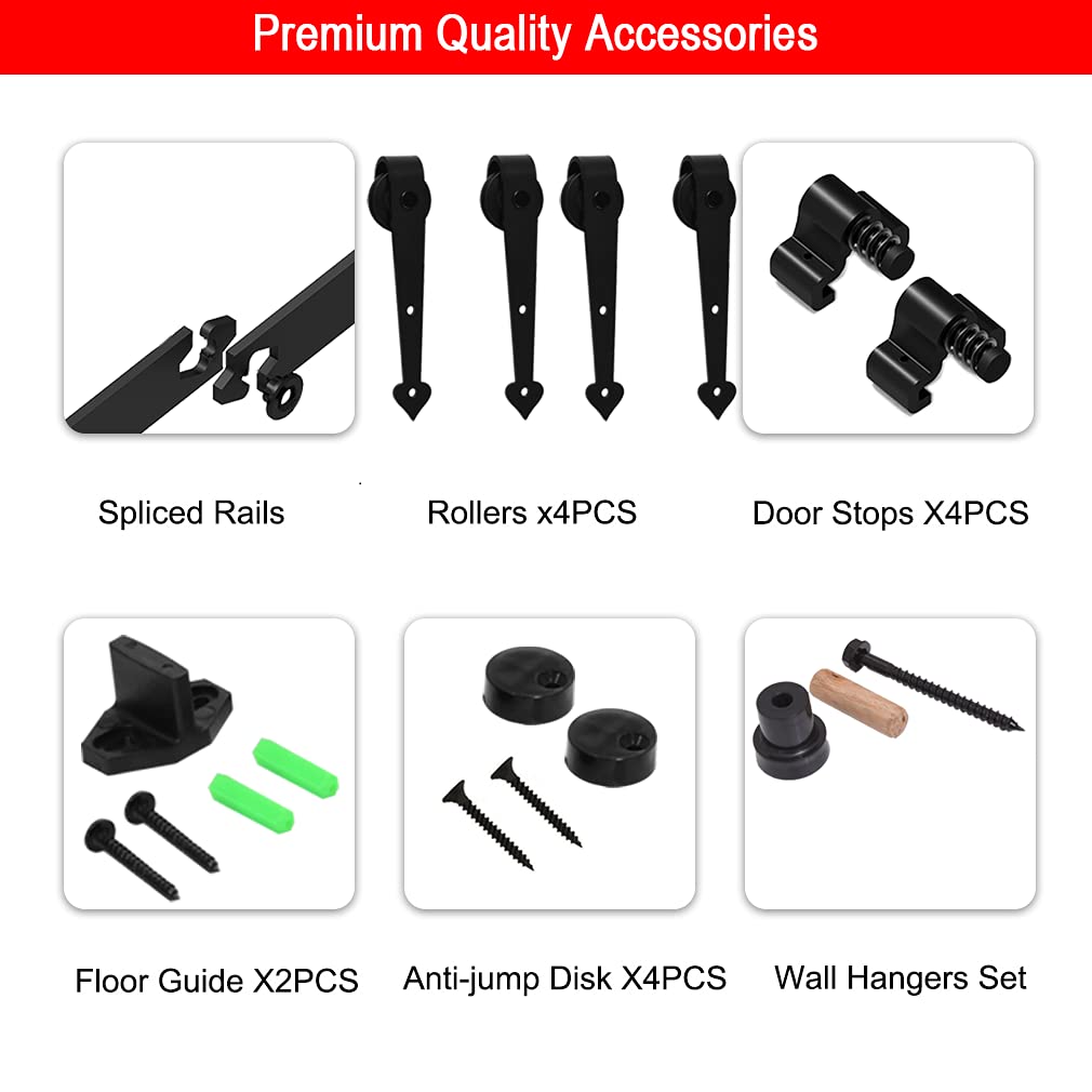 Kit de herrajes para puerta corrediza de madera de granero negro de 6 pies para puerta doble en forma de corazón