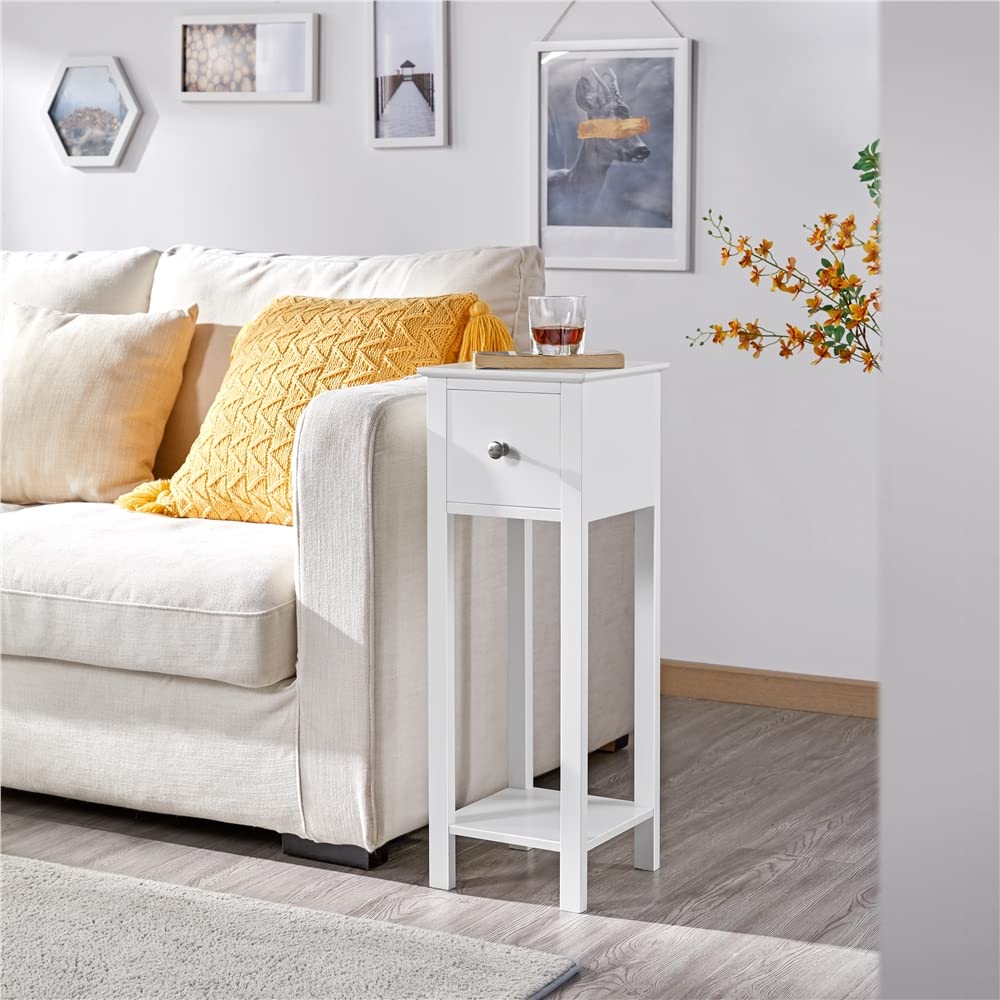 Yaheetech Table de Chevet Blanche, Table d'Appoint Haute Étroite, 1 Tiroir 1 Éagère, 25 x 25 x 70 cm Bout de Canapé Salon Chambre