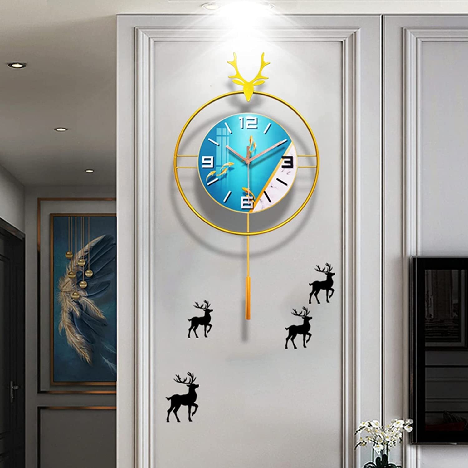 SaryEdge Wall Clock Modern Deer Art Metal Pendulum Wall Clock, Silent Non-Ticking Wall Clock for Living Room Decor, Wall Decoration Bedroom Office,70Cm A Wall Decor Clock-80cm a-One,70cm B-One Size