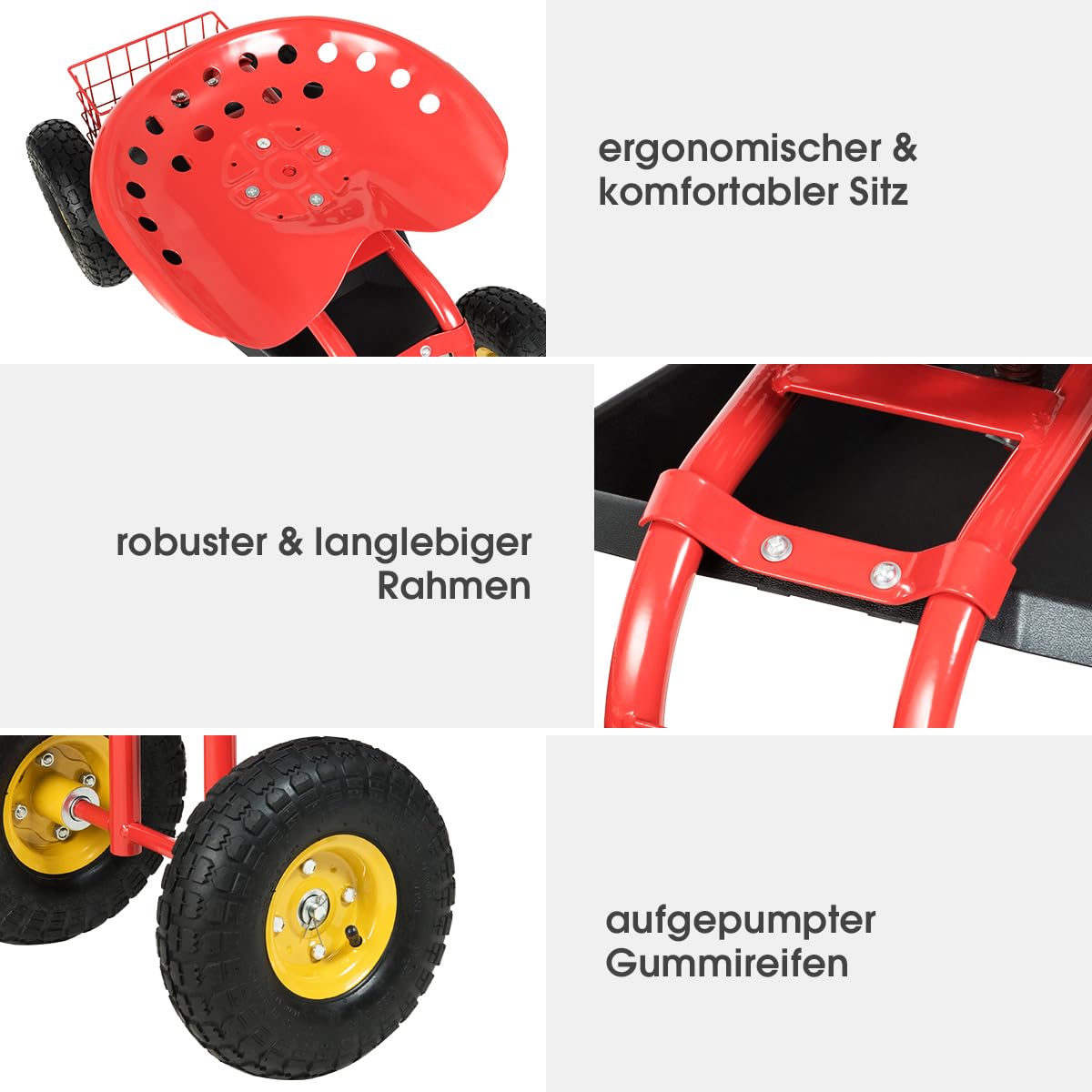 COSTWAY Rolzitje met wielen, 360 graden draaibaar, in hoogte verstelbaar, tuinzitje met plank en mand, tot 150 kg, brede rubberen banden, tuinrolstoel voor tuinieren, werkstoel, tuinwagen, metaal