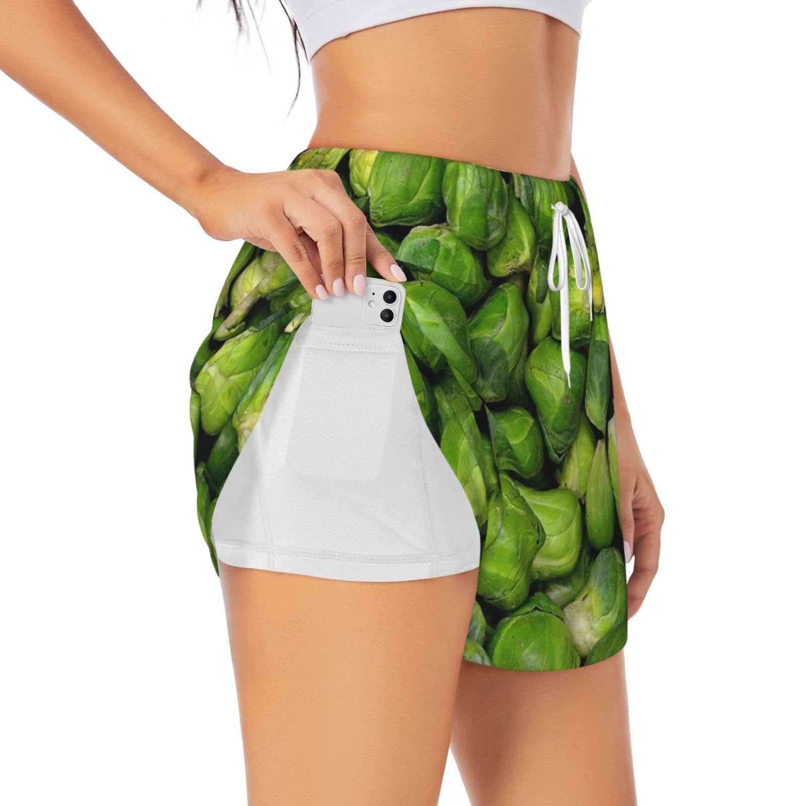 GRatka Green Brussel Sprout Print,Women's Athletic Shorts, Stretch Gym Shorts Running Sport,XXL