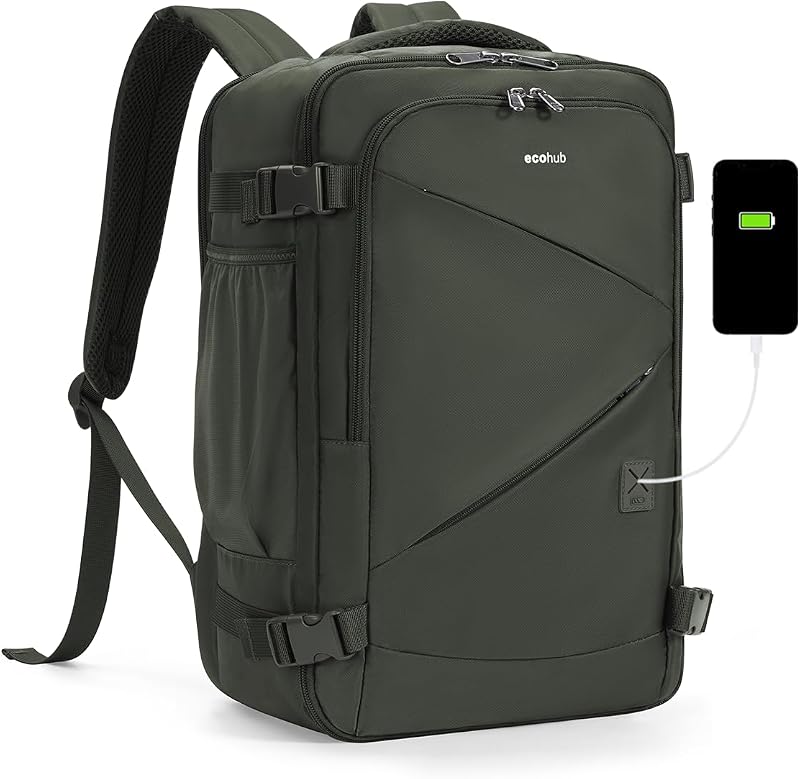 17" Small Unisex Travel Backpack United Airlines Approved 17x10x9 Friendly Suitcase Anti-Theft Lockable Zippers Style Personal Item Bag Travel Essentials with 12 Pockets Water Resistant, Green