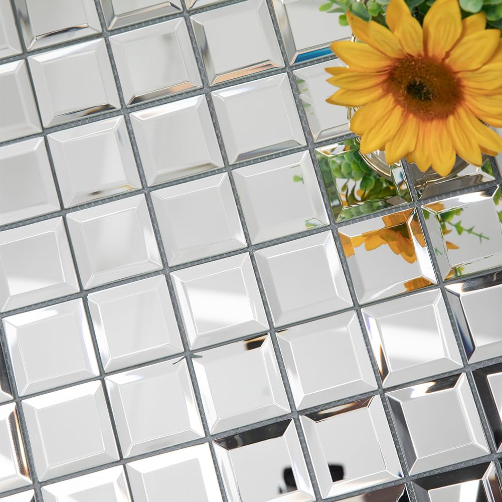 Lovdeco Mirror Glass Mosaic Tile 2" Beveled Silver Crystal Mosaic Tile for Kitchen Backsplash Bathroom DIY (12x12 Inch, 5 Sheets) Mesh 2 inch 5 faces