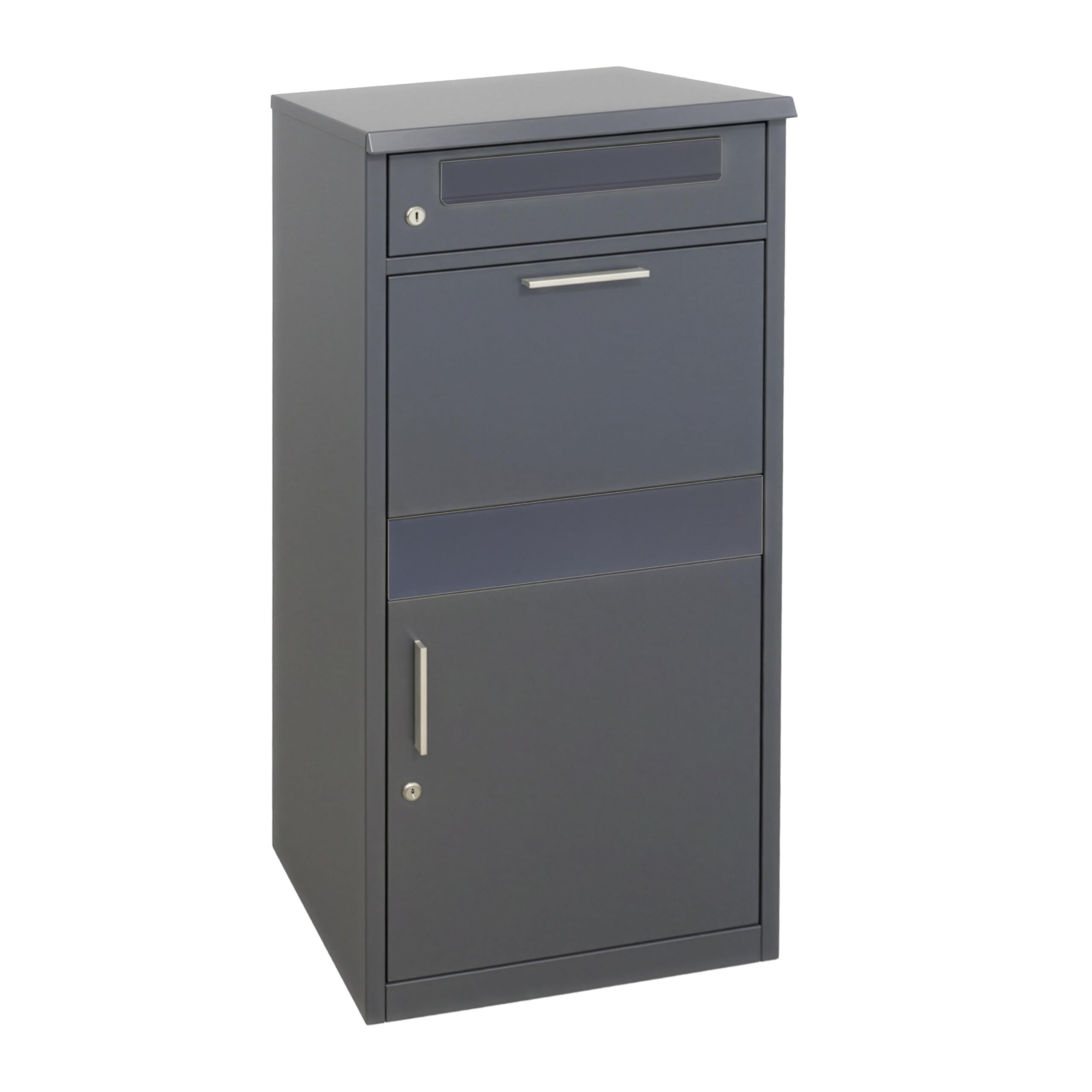 Relaxdays Briefkasten mit Paketfach, 4 Schlüssel, HxBxT: 112 x 50 x 37 cm, Eisen, freistehender Postkasten, dunkelgrau