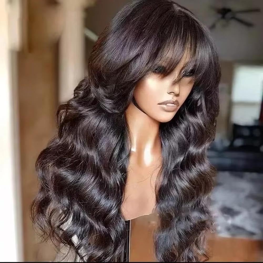 Haarpflege Natürliche Schwarze Lockere Gewellte Perücke Mit Pony Volle Maschinelle Gewellte Echthaar Perücke Vorgezupft Für Frauen(220%,22inches)